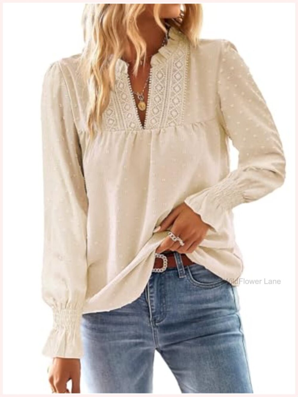 Women's V-Neck Crochet Lace Blouse Long Sleeve Casual Top